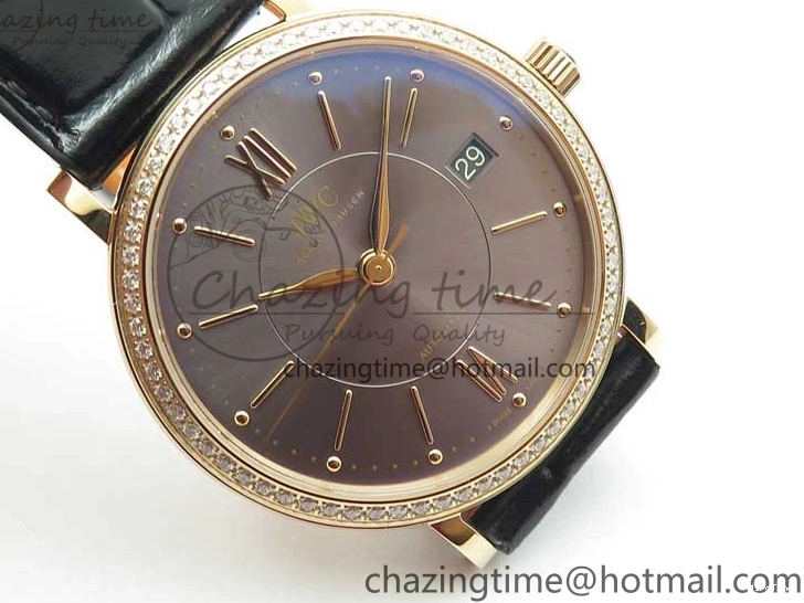 MIROTIME 0522 Durable Portofino 37mm RG V7F 1:1 Best Edition Gray Dial Diamonds Bezel on Black Leather Strap A 7089